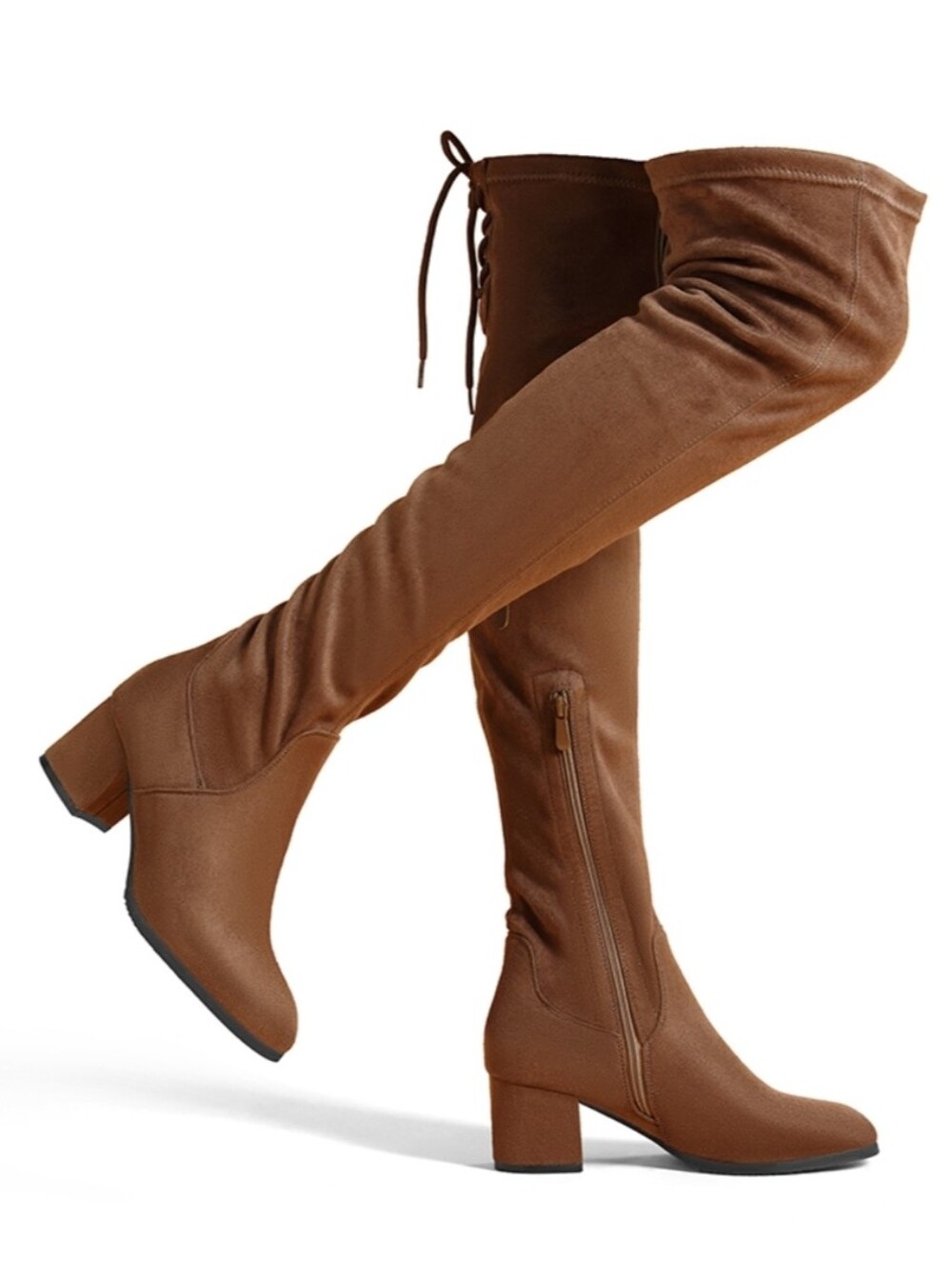 Dream Pairs Laurence Over-the-Knee Lace-Back Block Heel Boots in Brown